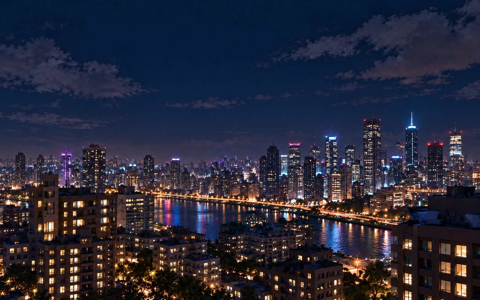A nighttime rooftop overlooking a luminous city skyline and river reflections