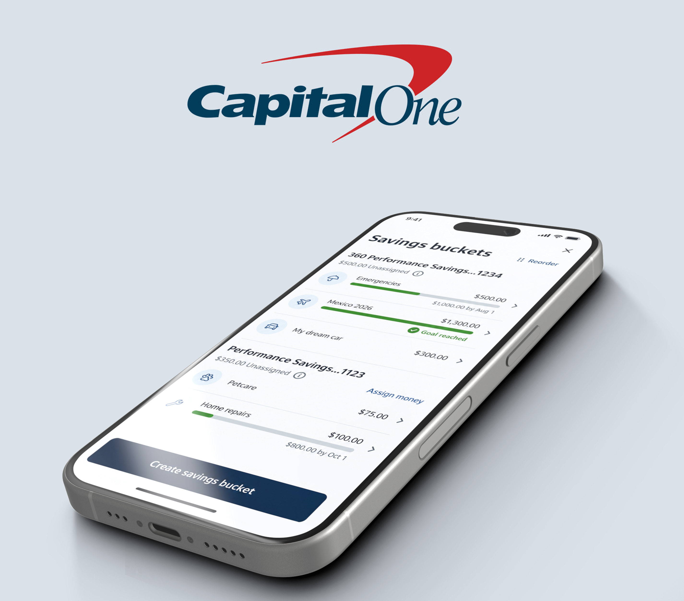 Savings Buckets interface shown on a device mockup