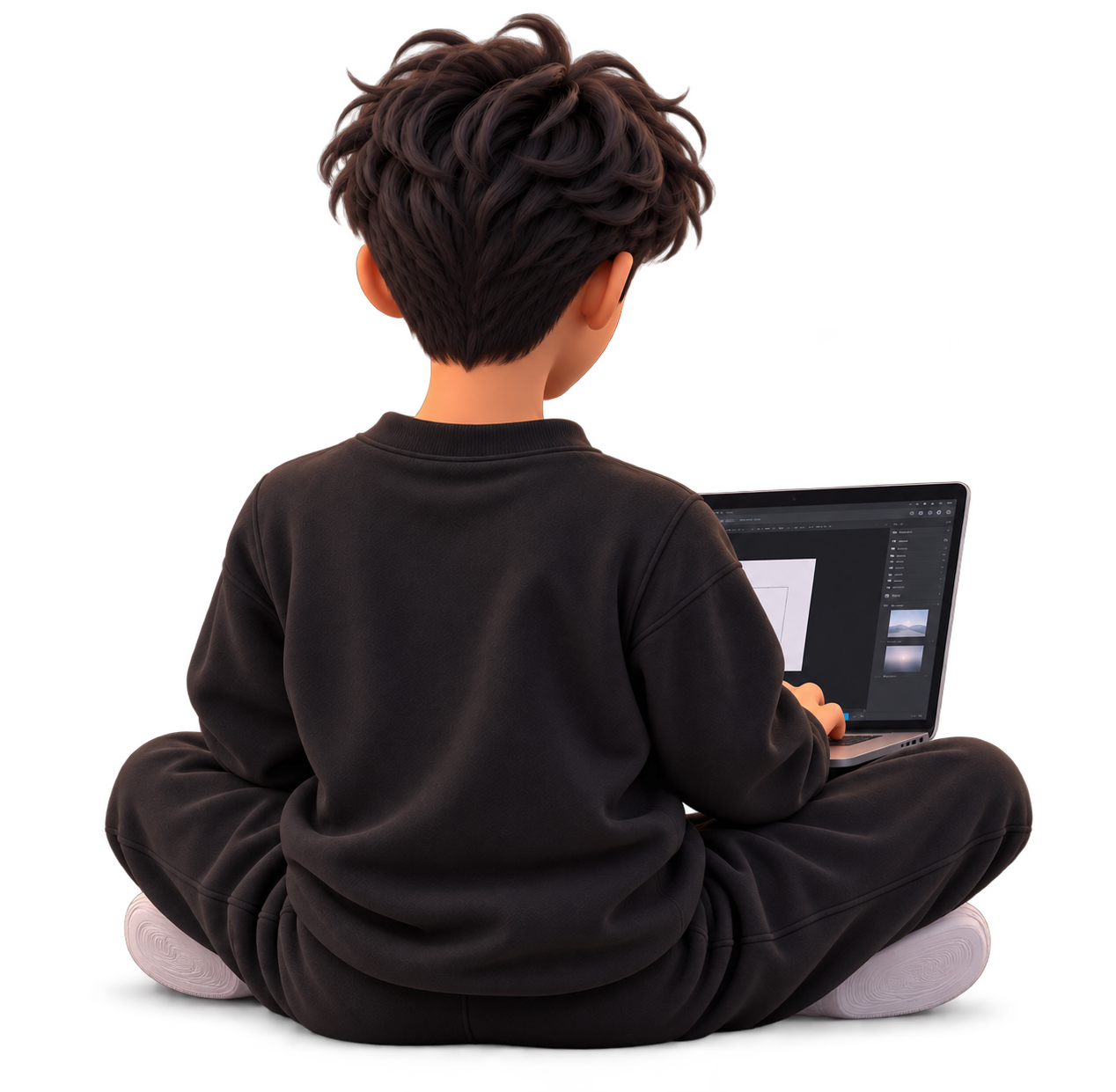 3D-style Usaamah sitting cross-legged on the terrace with a laptop, viewed from behind